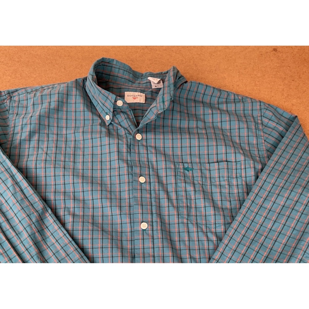 Dockers Mens L/Sleeve Button Down Shirt Teal Blue Orange Plaid XL